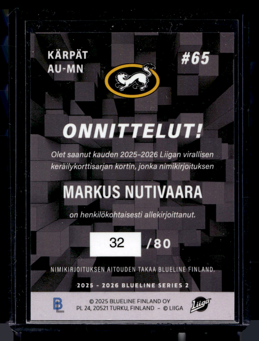 2025-26 Blueline Signature Silver - Markus Nutivaara #AU-MN /80