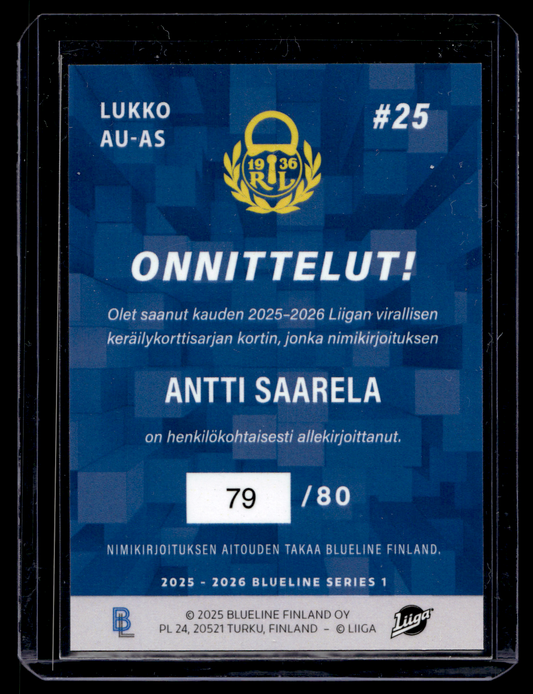2025-26 Blueline Signature Silver - Antti Saarela #AU-AS /80