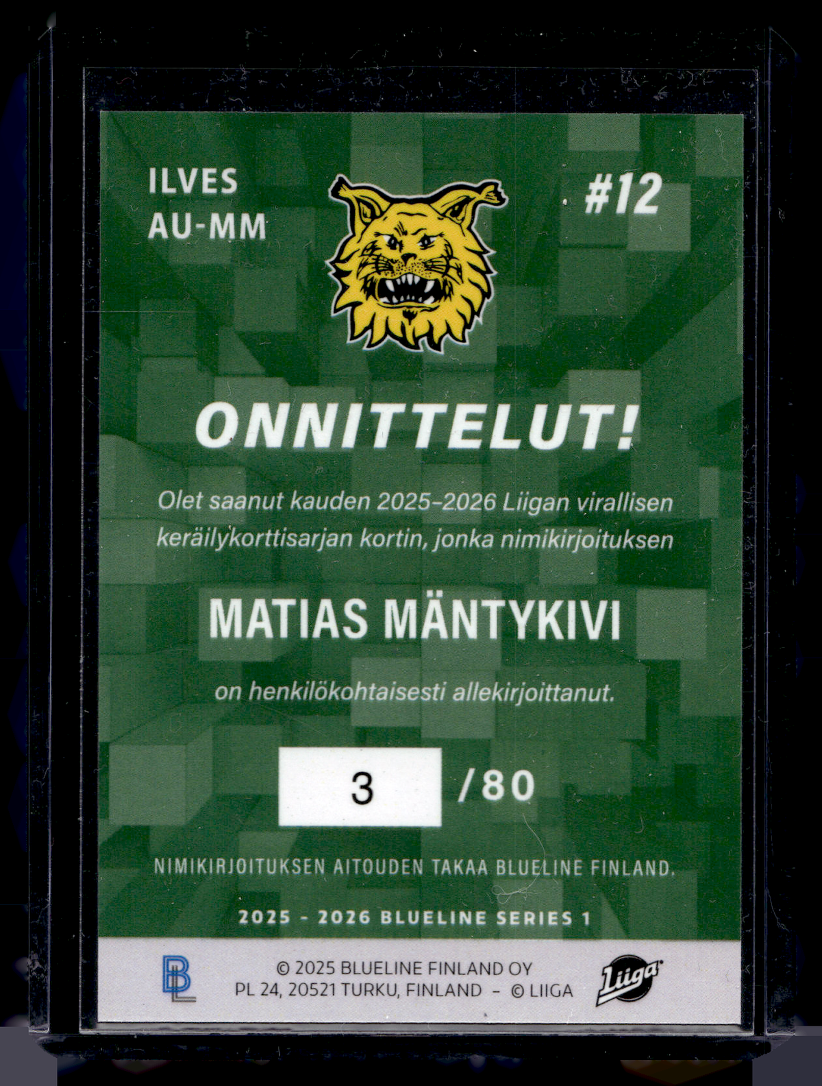 2025-26 Blueline Signature Silver - Matias Mäntykivi #AU-MM /80