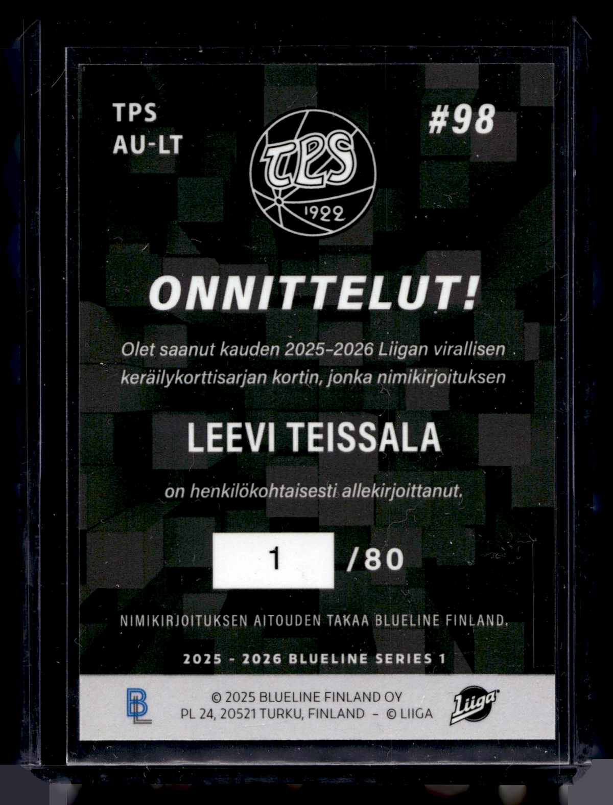 2025-26 Blueline Signature Silver - Leevi Teissala #AU-LT /80