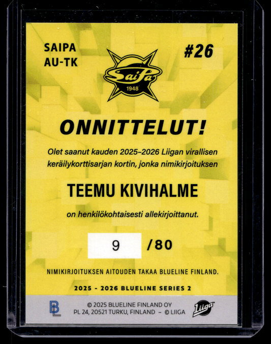 2025-26 Blueline Signature Silver - Teemu Kivihalme #AU-TK /80