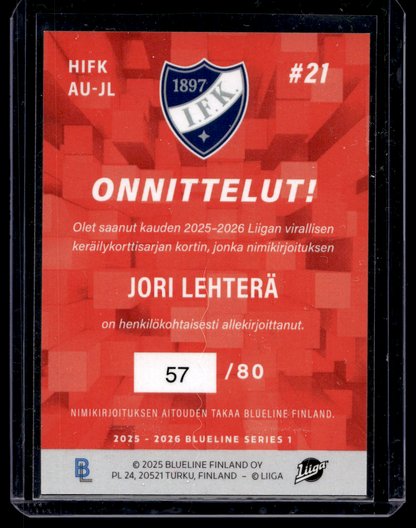 2025-26 Blueline Signature Silver - Jori Lehterä #AU-JL /80