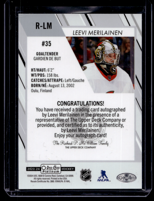 2024-25 Upper Deck OPC Platinum - 2023-24 Update Rookie Autographs - 2024-25 O-Pee-Chee Platinum Update - Leevi Merilainen #R-LM