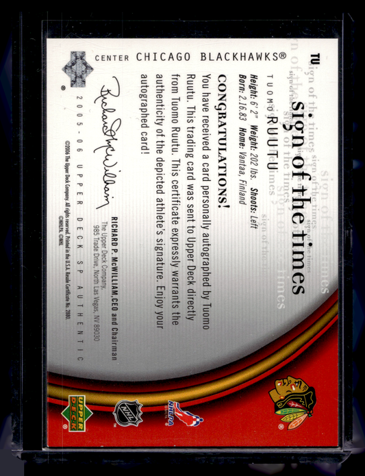 2005-06 Upper Deck SP Authentic - Sign of the Times - Tuomo Ruutu #TU