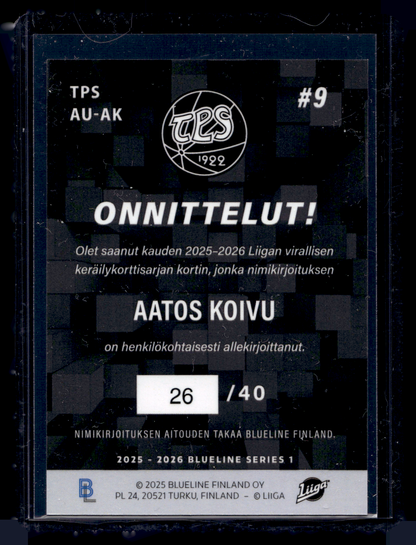 2025-26 Blueline Signature Gold - Aatos Koivu #AU-AK /40