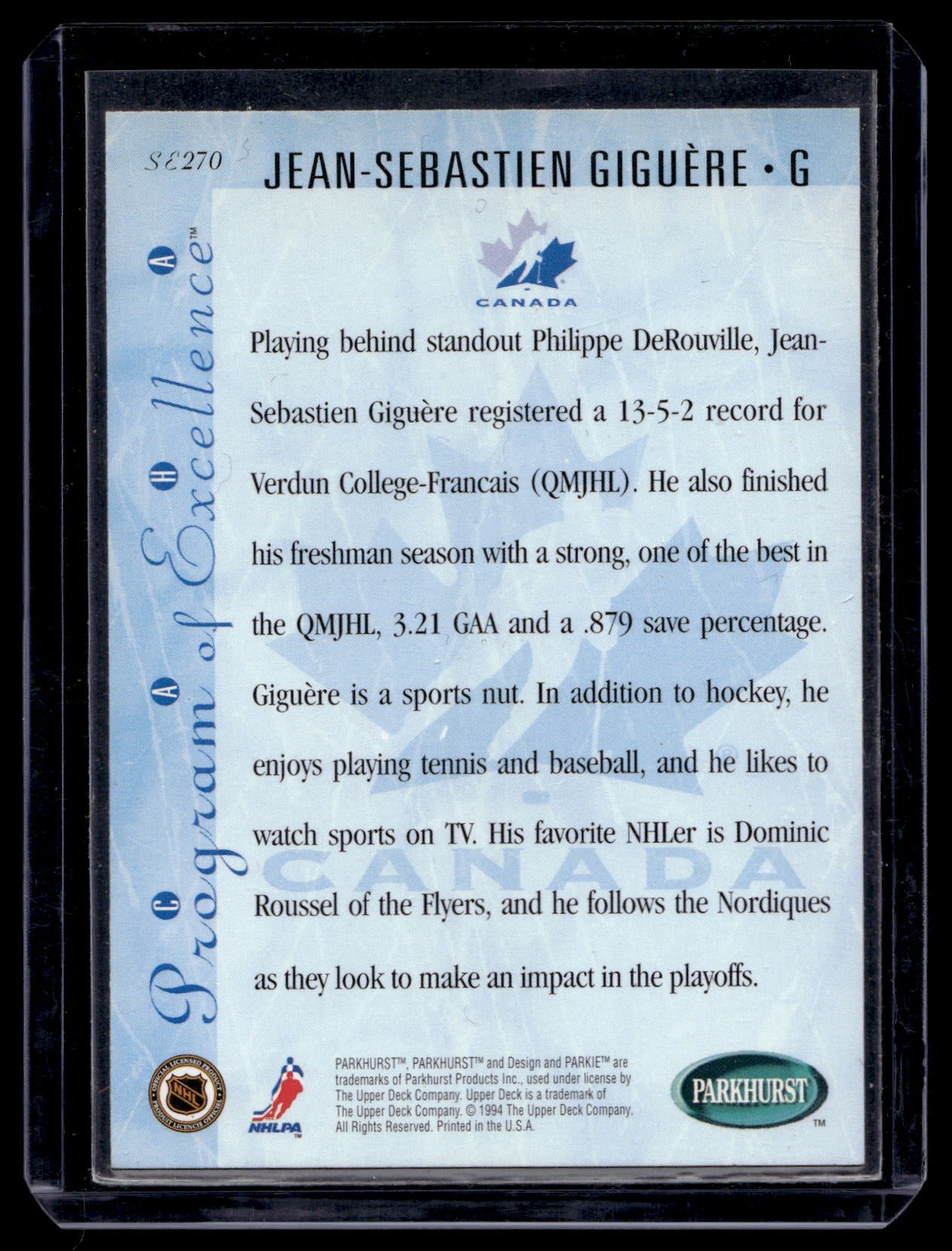 1994-95 Parkhurst SE - Gold Parkie - Jean-Sebastien Giguere #SE270 PRC