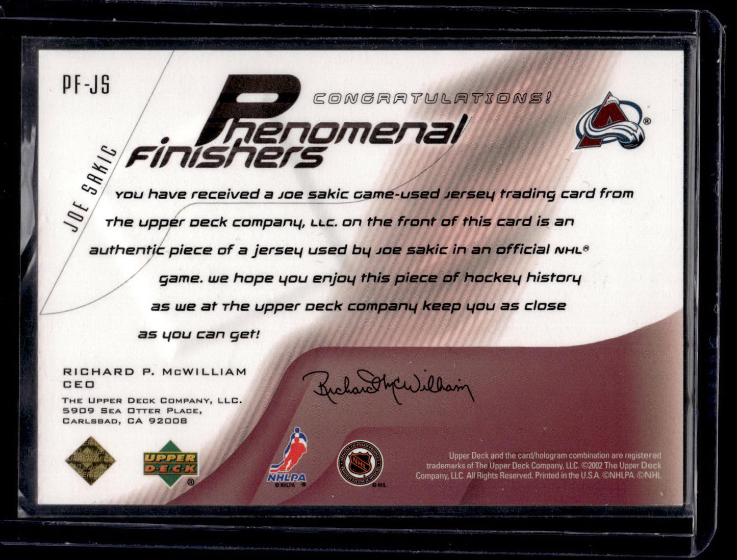 2001-02 Upper Deck - Phenomenal Finishers Joe Sakic #PF-JS
