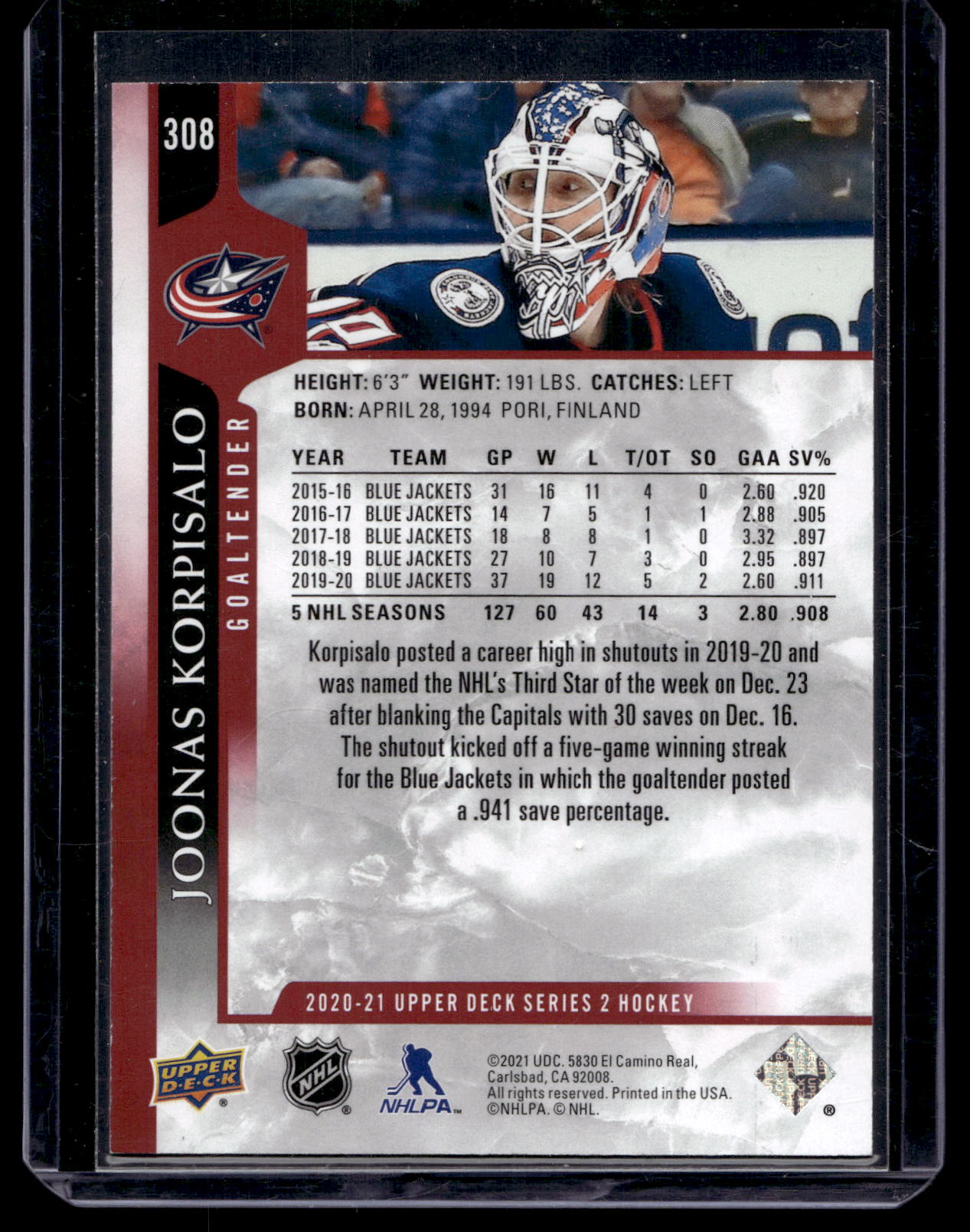 2020-21 Upper Deck -  UD Exclsuives - Joonas Korpisalo #308 /100