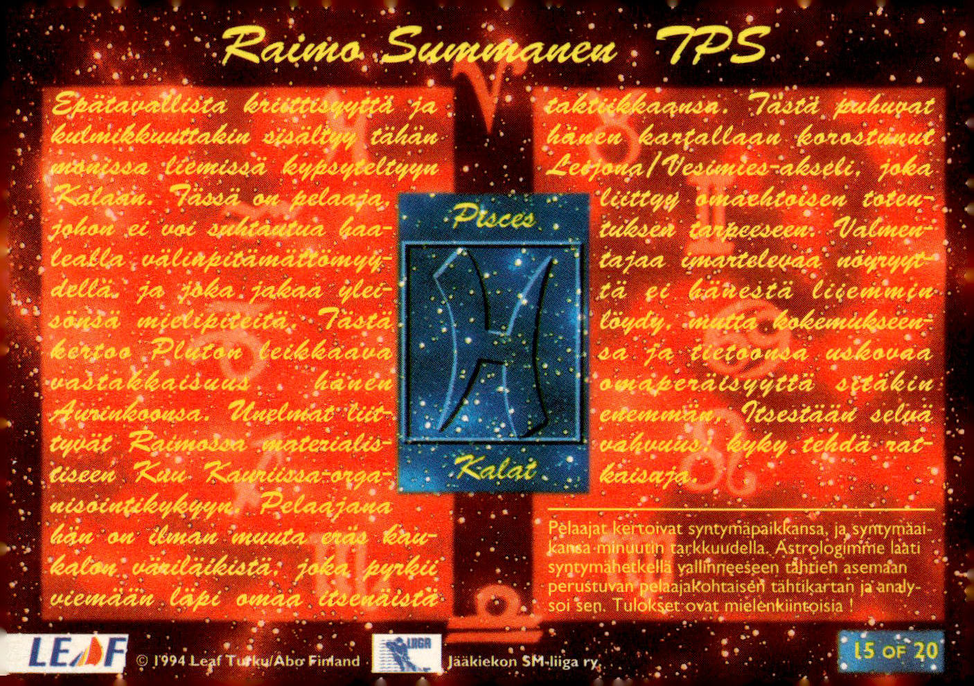 1994-95 SISU - Horoscopes - Raimo Summanen #15