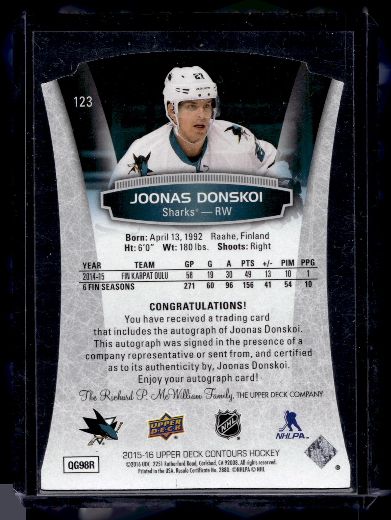 2015-16 Upper Deck Contours - Rookie Autographs - Joonas Donskoi #123 /499 RY