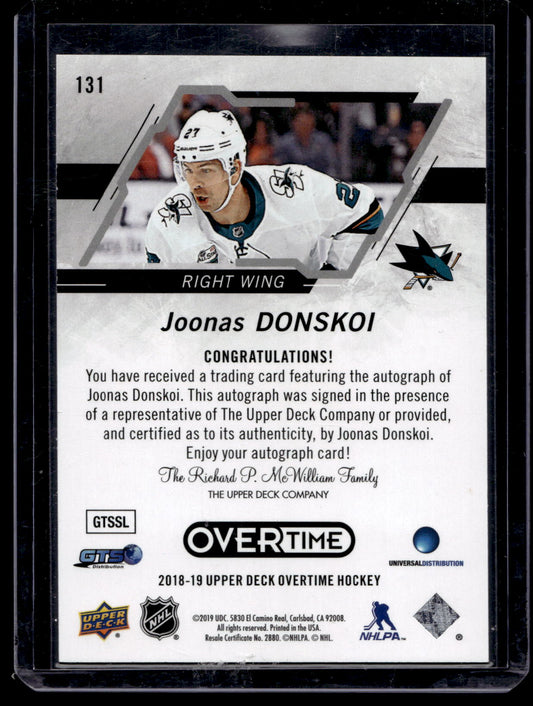 2018-19 Upper Deck Overtime - Gold Foil Autographs - Joonas Donskoi #131