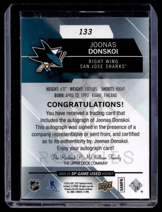2015-16 Upper Deck SP Game-Used - Authentic Rookies Blue Autographs - Joonas Donskoi #133 RC