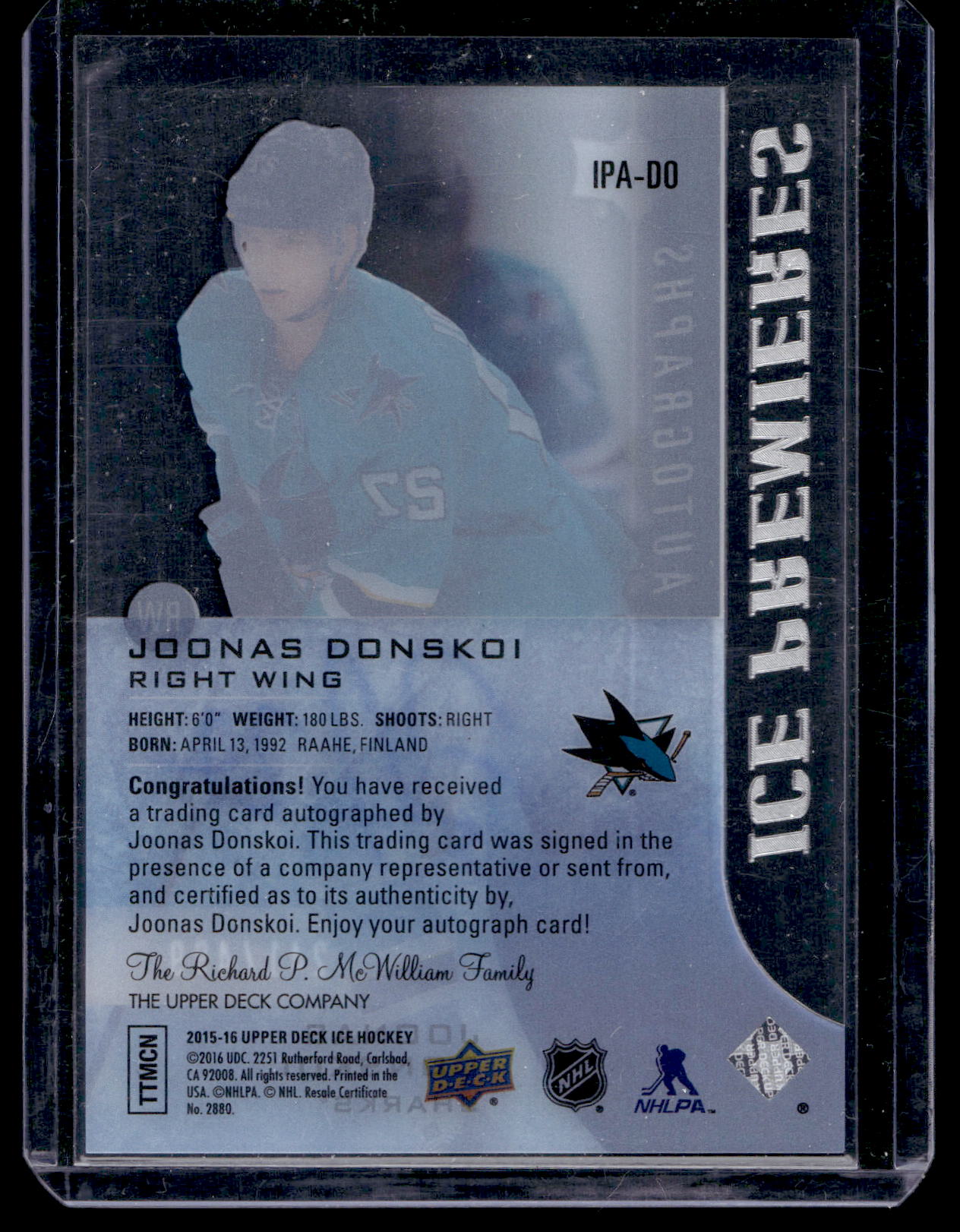 2015-16 Upper Deck Ice - Premieres Autographs - Joonas Donskoi #IPA-DO /499 RY