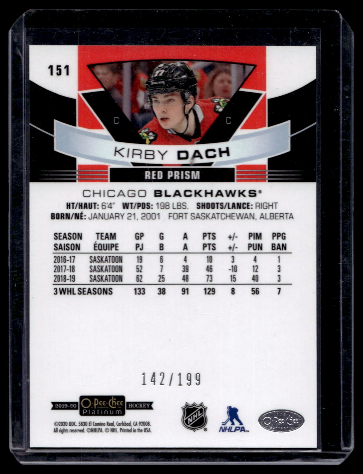 2019-20 Upper Deck O-Pee-Chee Platinum - Red Prism - Marquee Rookies - Kirby Dach #151 /199 RC