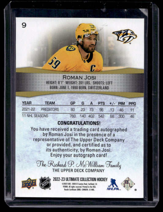 2022-23 Upper Deck Ultimate Collection - Gold Autographs - Roman Josi  #9 /35