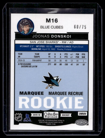 2015-16 Upper Deck O-Pee-Chee Platinum - Marquee Rookies Blue Cubes - Joonas Donskoi #M16 /75 RY