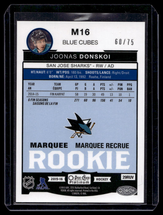 2015-16 Upper Deck O-Pee-Chee Platinum - Marquee Rookies Blue Cubes - Joonas Donskoi #M16 /75 RY