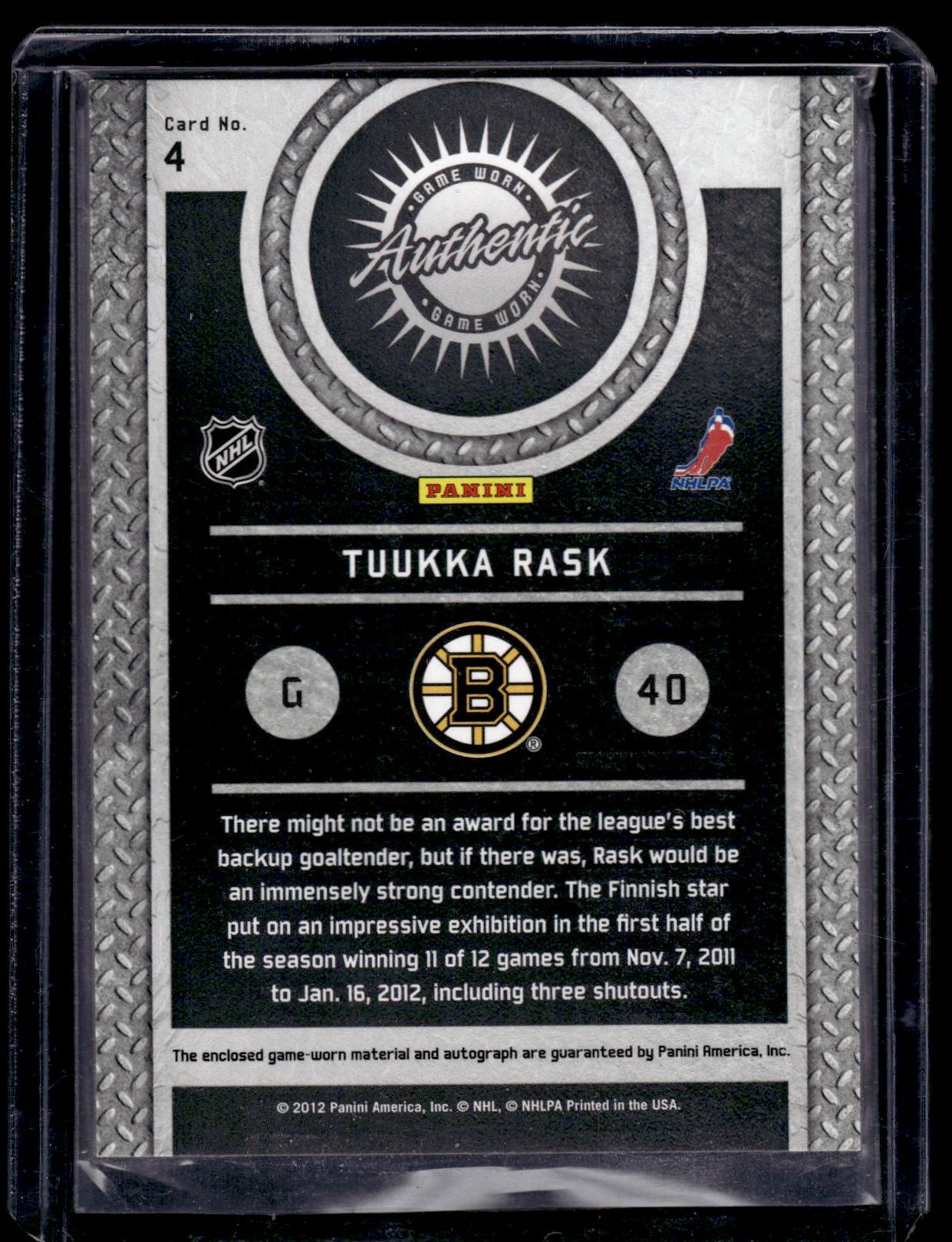 2011-12 Panini Titanium - Game-Worn Gear - Autographs - Tuukka Rask #4 /100