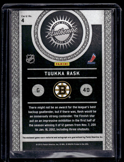 2011-12 Panini Titanium - Game-Worn Gear - Autographs - Tuukka Rask #4 /100