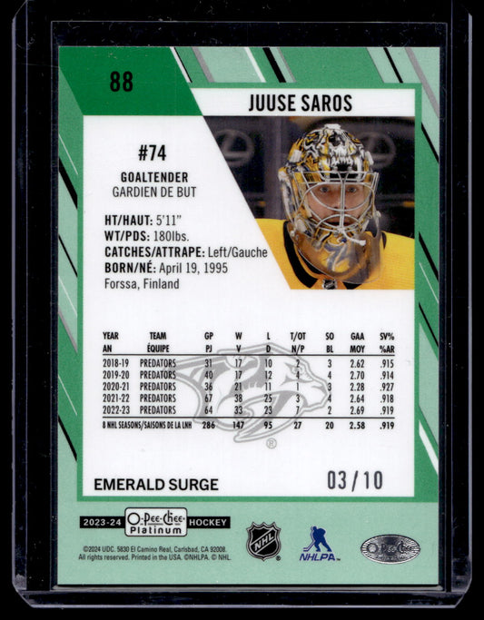 2023-24 O-Pee-Chee Platinum - Emerald Surge - Juuse Saros #88 /10