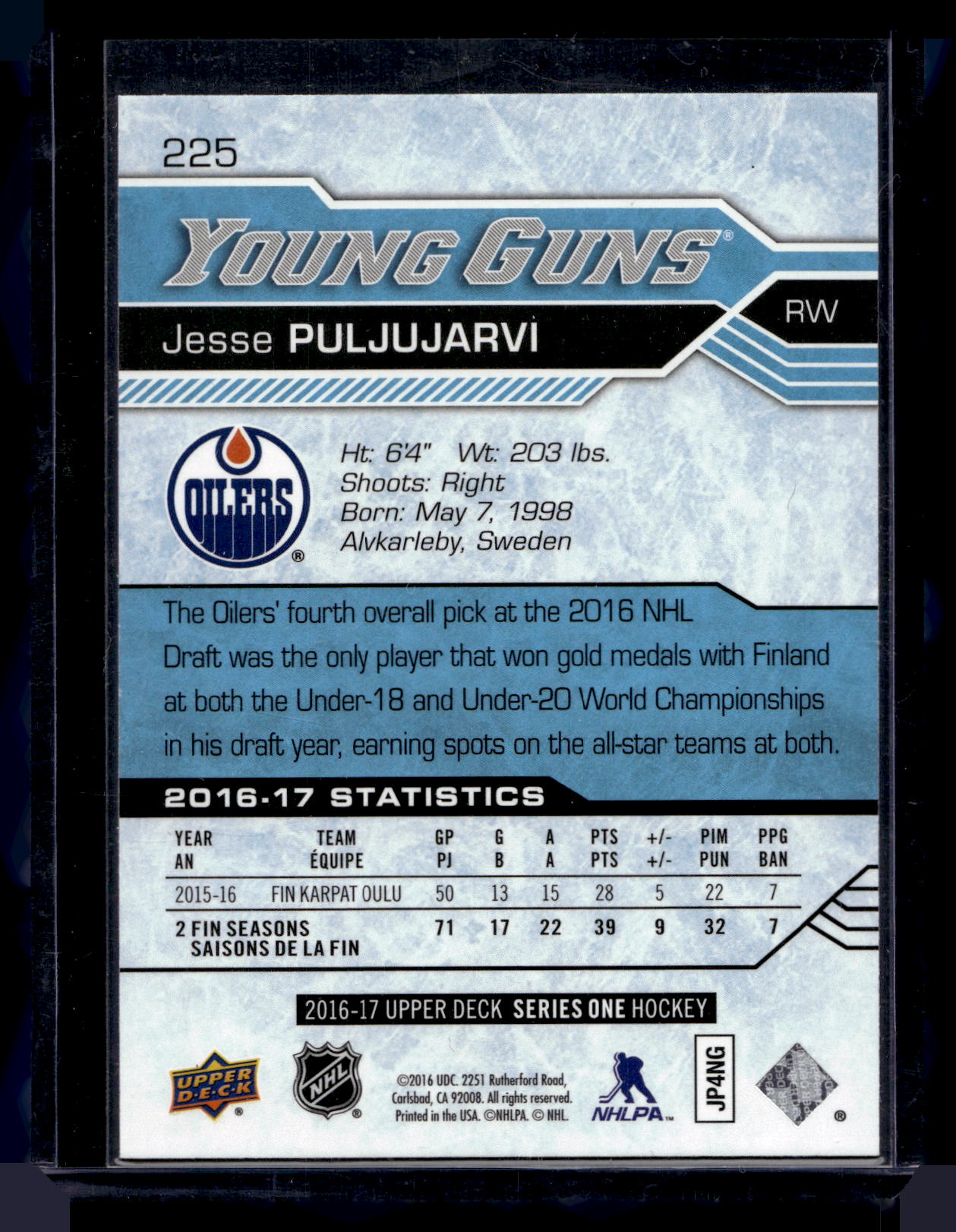 2016-17 Upper Deck - Young Guns - Jesse Puljujarvi #225 RC