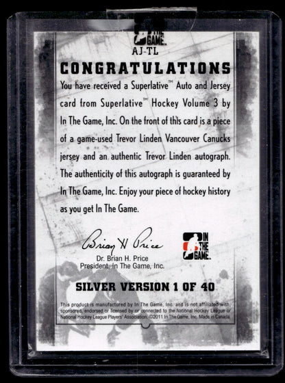 2012-13 In the Game Superlative Volume 3 - Auto & Jersey Silver - Trevor Linden #AJ-TL /40