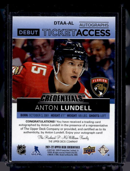 2021-22 Upper Deck Credentials - Debut Ticket Access Autos Blue - Anton Lundell #DTAA-AL /15 RY