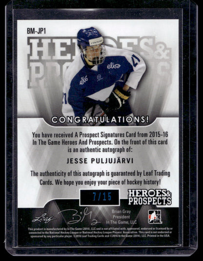 2015-16 Leaf In the Game Heroes &amp; Prospects - Metal Autographs - Blue - Jesse Puljujarvi #BM-JP1 /15 PRC