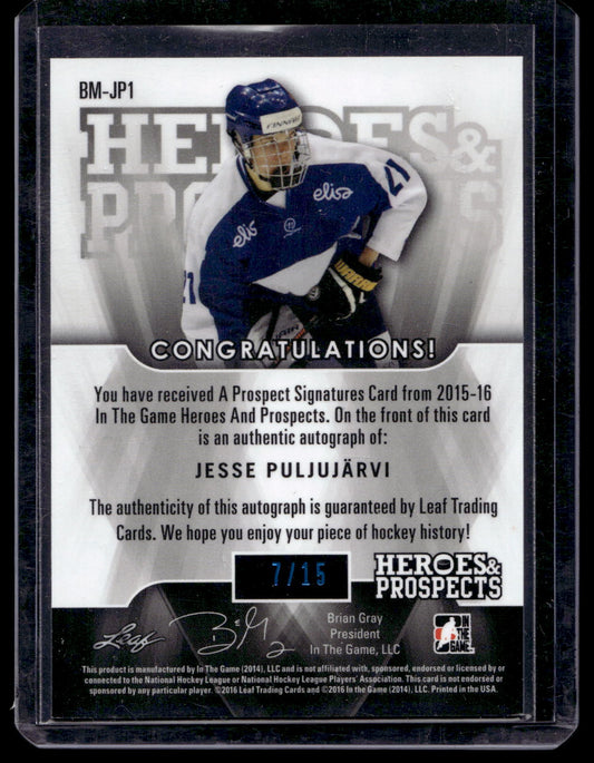 2015-16 Leaf In the Game Heroes &amp; Prospects - Metal Autographs - Blue - Jesse Puljujarvi #BM-JP1 /15 PRC
