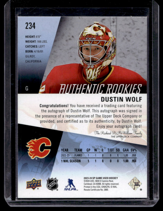 2023-24 Upper Deck SP Game Used - Autographs -  Authentic Rookies - Dustin Wolf #234 RC