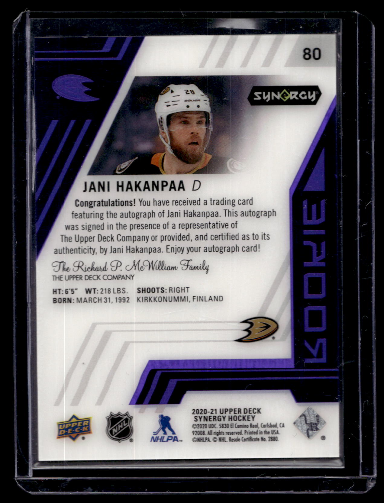 2020-21 Upper Deck Synergy - Purple  Rookie Auto - Jani Hakanpaa #80 /35 RC
