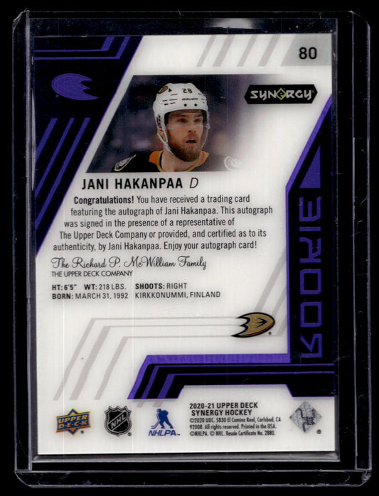 2020-21 Upper Deck Synergy - Purple  Rookie Auto - Jani Hakanpaa #80 /35 RC