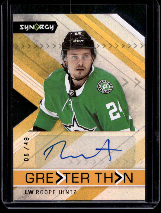 2022-23 Upper Deck Synergy - Greater Than Signatures Orange - Roope Hintz #GT-RH /49