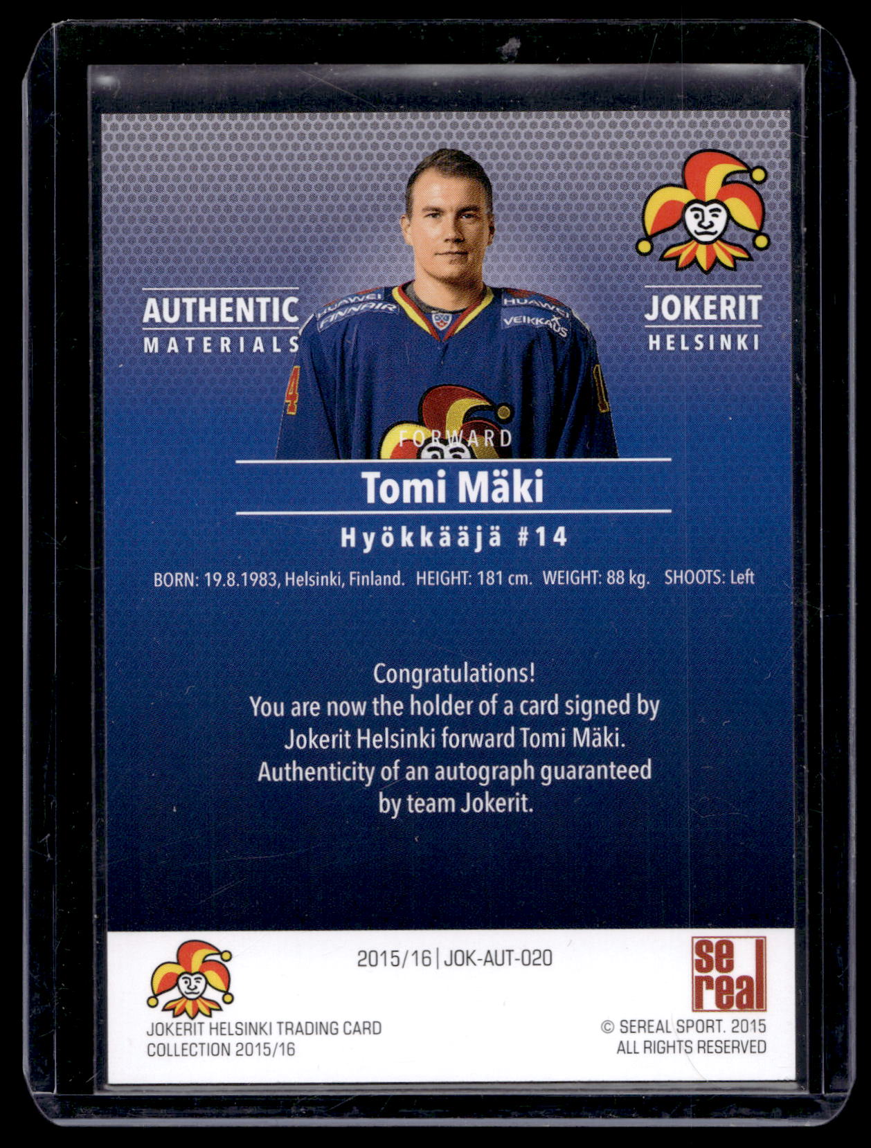 2015-16 Cereal Jokerit Autograph - Tomi Maki #JOK-AUT-020 /80