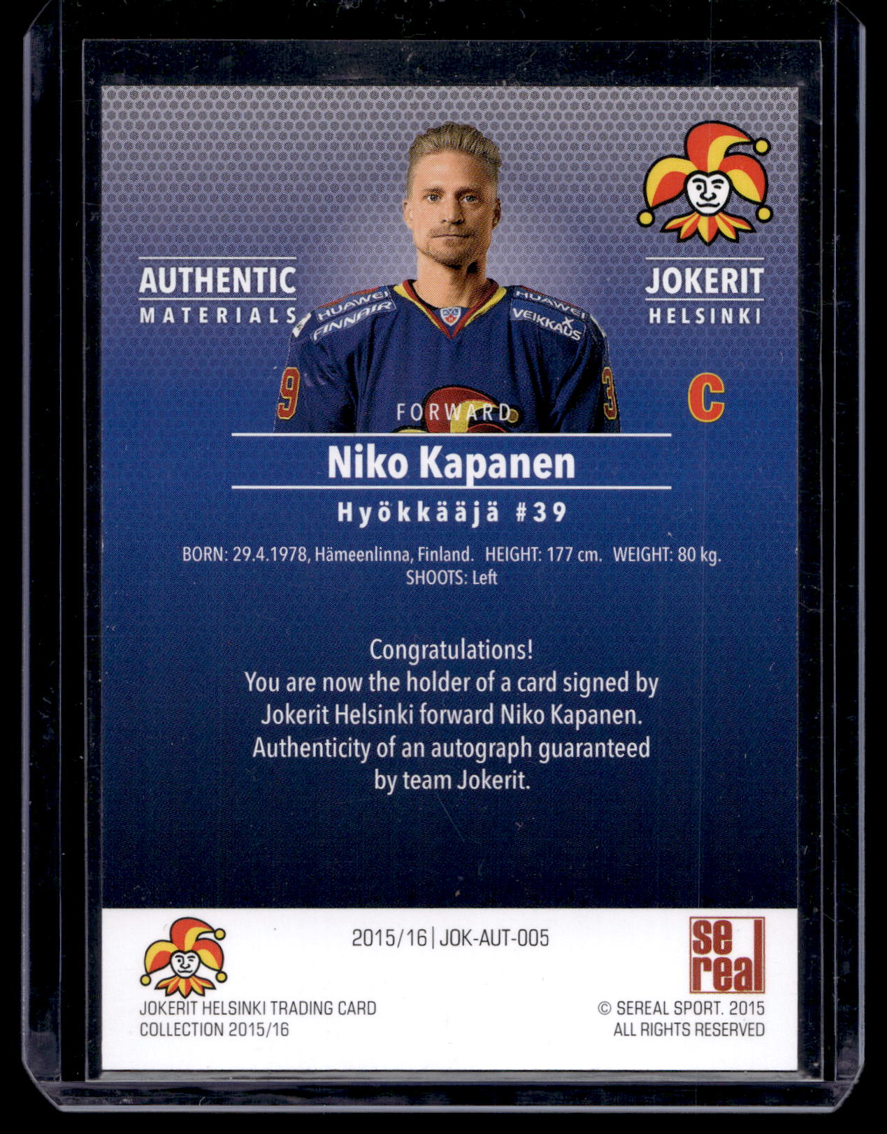 2015-16 Sereal Jokerit Autograph - Niko Kapanen #JOK-AUT-005 /80