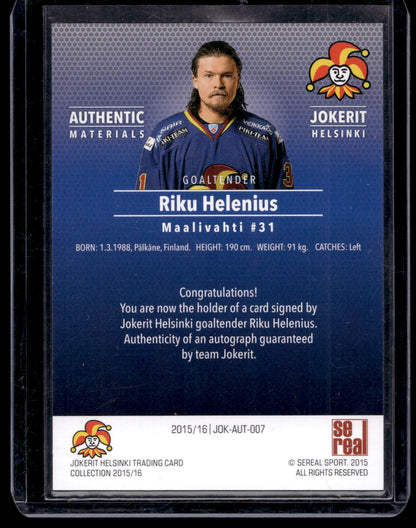 2015-16 Sereal Jokerit Autograph - Riku Helenius #JOK-AUT-007 /80