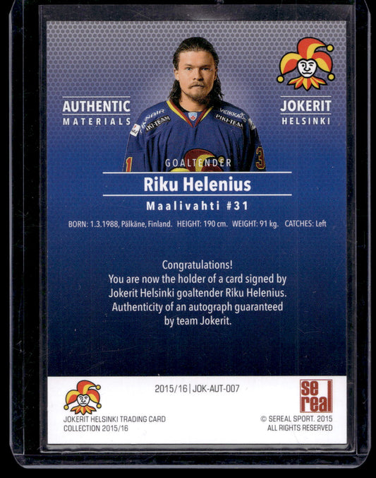 2015-16 Sereal Jokerit Autograph - Riku Helenius #JOK-AUT-007 /80