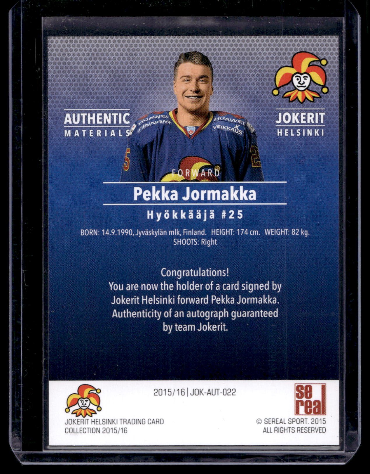2015-16 Sereal Jokerit Autograph - Pekka Jormakka #JOK-AUT-022 /80