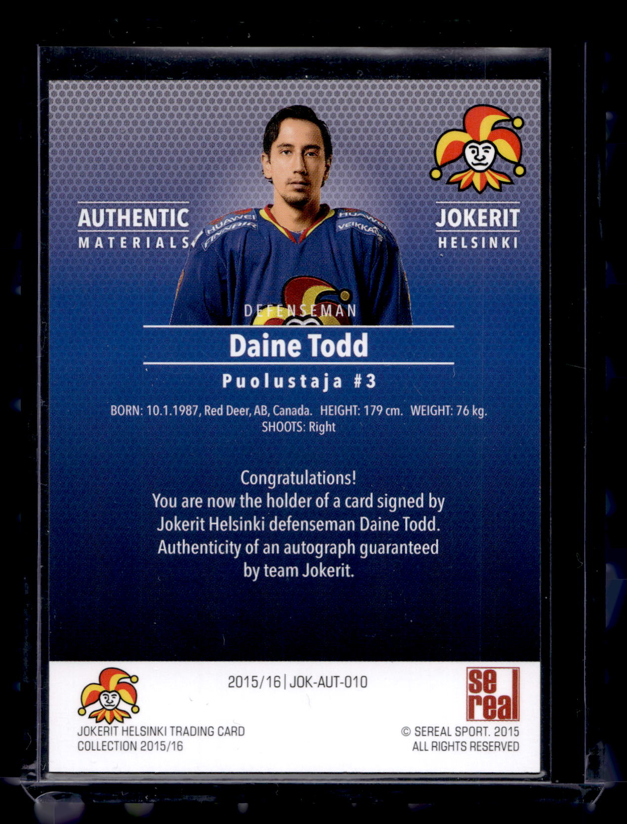 2015-16 Cereal Jokerit Autograph - Daine Todd #JOK-AUT-010 /80