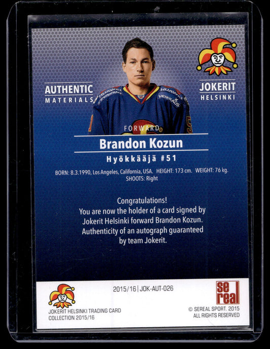 2015-16 Cereal Jokerit Autograph - Brandon Kozun #JOK-AUT-026 /80