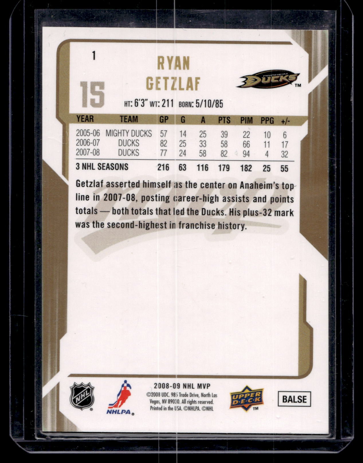 2008-09 Upper Deck MVP - Gold Script - Ryan Getzlaf #1 /100