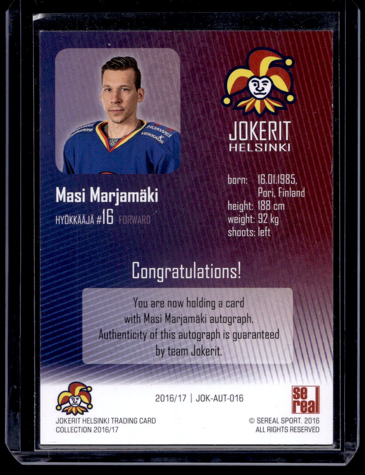 2016-17 Sereal Jokerit Autograph - Masi Marjamaki #JOK-AUT-016 /50