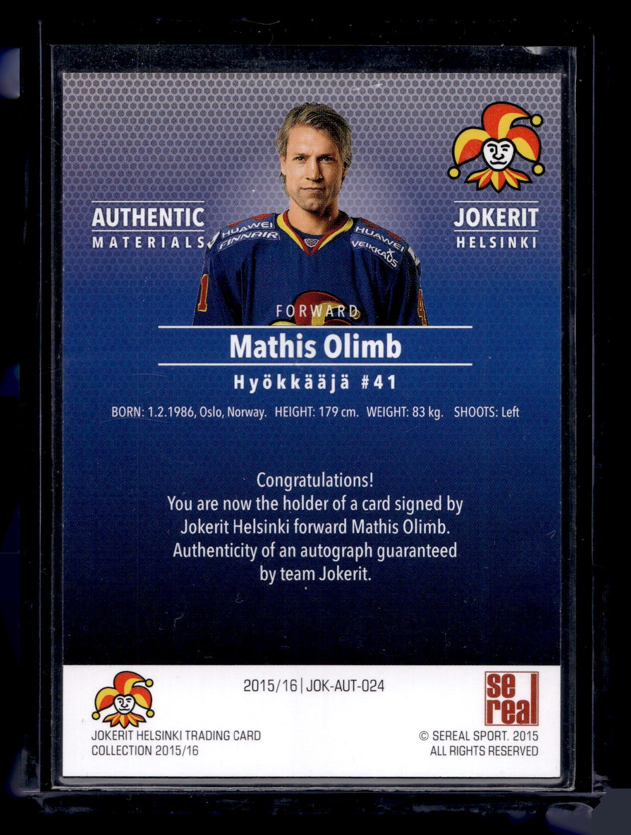 2015-16 Sereal Jokerit Autograph - Mathis Olimb #JOK-AUT-024 /80
