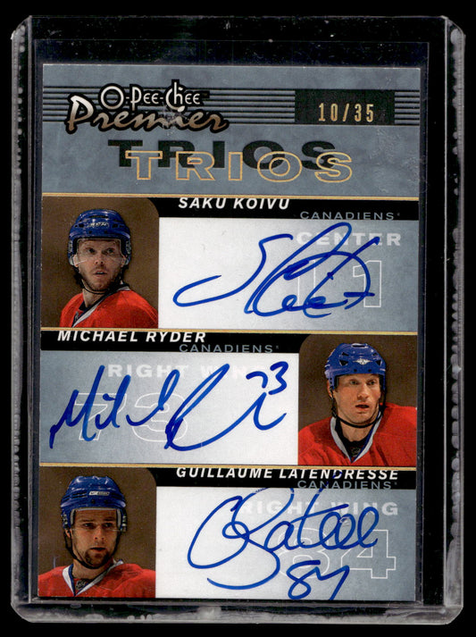 2007-08 O-Pee-Chee Premier - Trios Signatures - Saku Koivu / Michael Ryder / Guillaume Latendresse #PP3-KRL /35