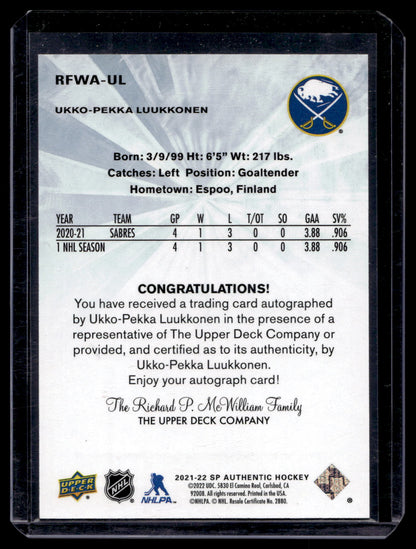 2021-22 SP Authentic - 2011-12 Retro Future Watch Autos - Ukko-Pekka Luukkonen #RFWA-UL /499 RY