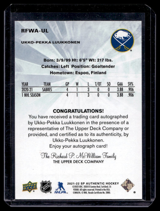 2021-22 SP Authentic - 2011-12 Retro Future Watch Autos - Ukko-Pekka Luukkonen #RFWA-UL /499 RY