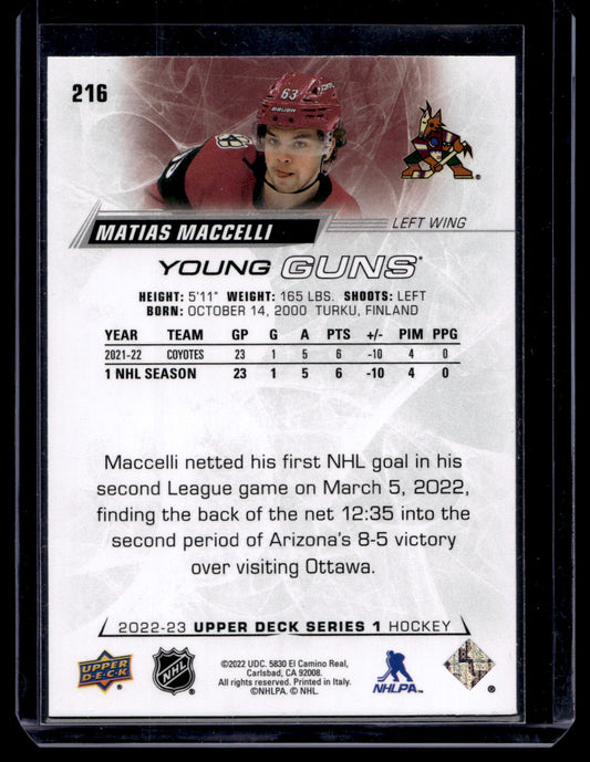 2022-23 Upper Deck - Young Guns - Matias Maccelli #216 RC