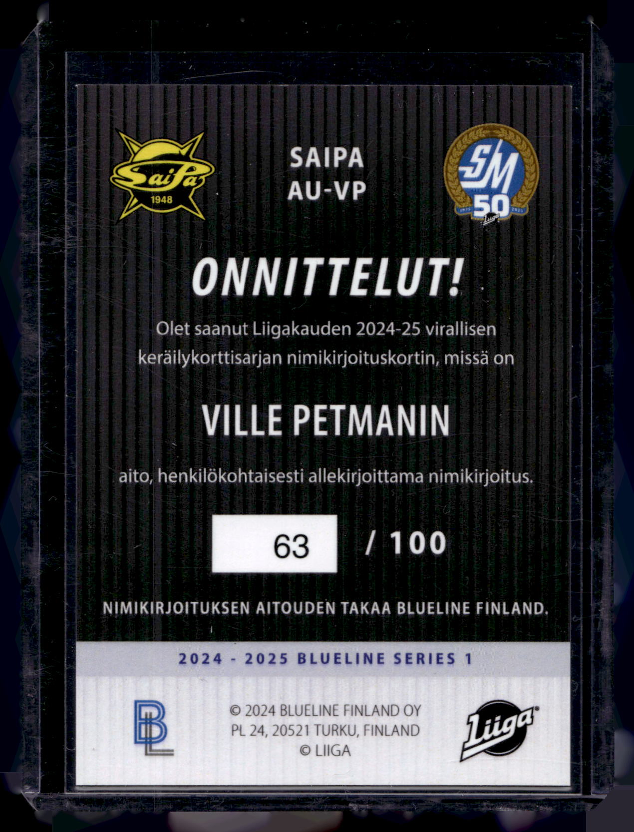 2024-25 Blueline Signature Silver - Ville Petman #AU-VP /100