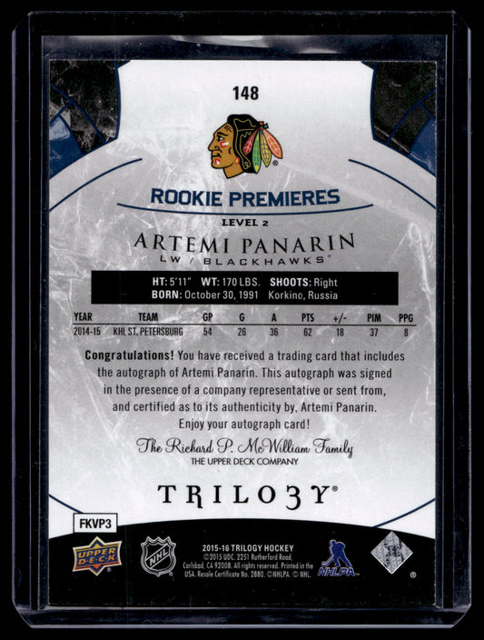 2015-16 Upper Deck Trilogy - Blue Rainbow Foil -  Level 2 - Rookie Premieres Autograph - Artemi Panarin #148 /199 RY