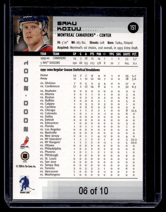 2000-01 In the Game Be A Player Memorabilia - Emerald - Saku Koivu  #151 /10